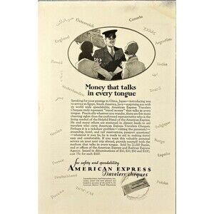 American Express Travelers Checks "Money That Talks in Every Tongue" VTG Ad 1929
